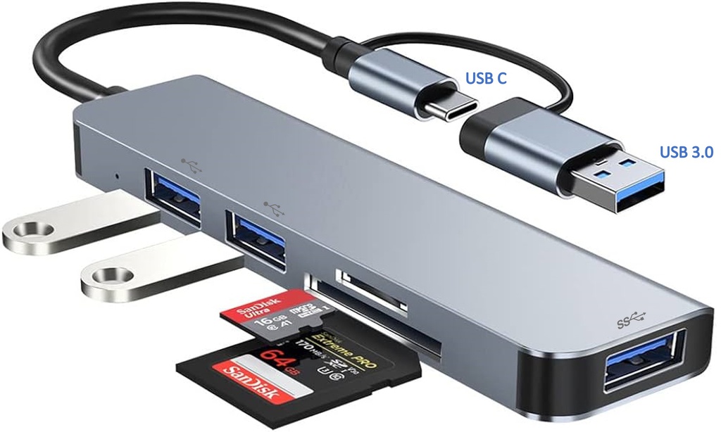 HUB ADAPTADOR TIPO C/USB 3.0 A USB 2.0 Y 3.0 CON LECTOR DE TARJETA SD/MICROSD